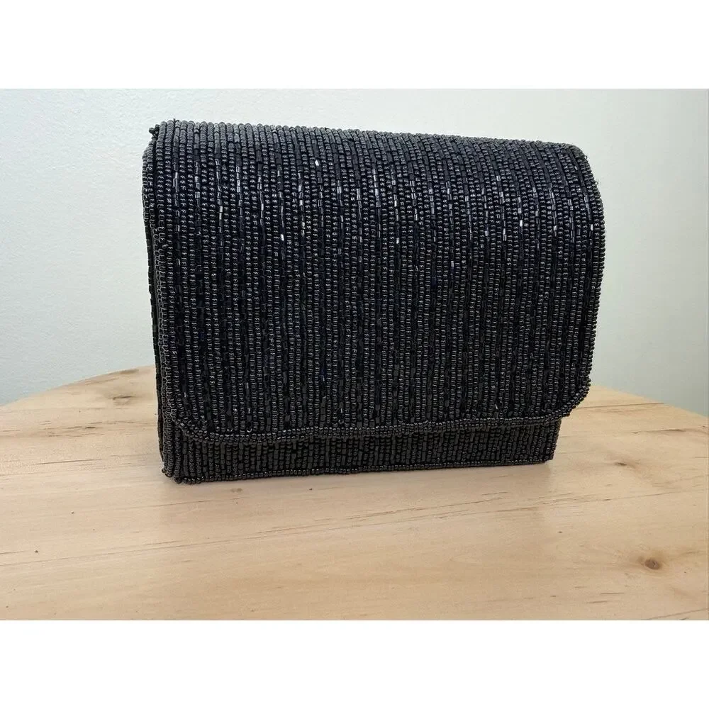 Vintage Mes‎ Ami Black Beaded Evening Bag Clutch Crossbody 1980s 1990s
